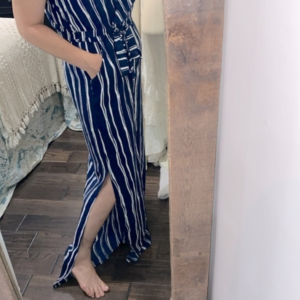 Peach Love blue striped pant romper jumpsuit size medium - Picture 5 of 10